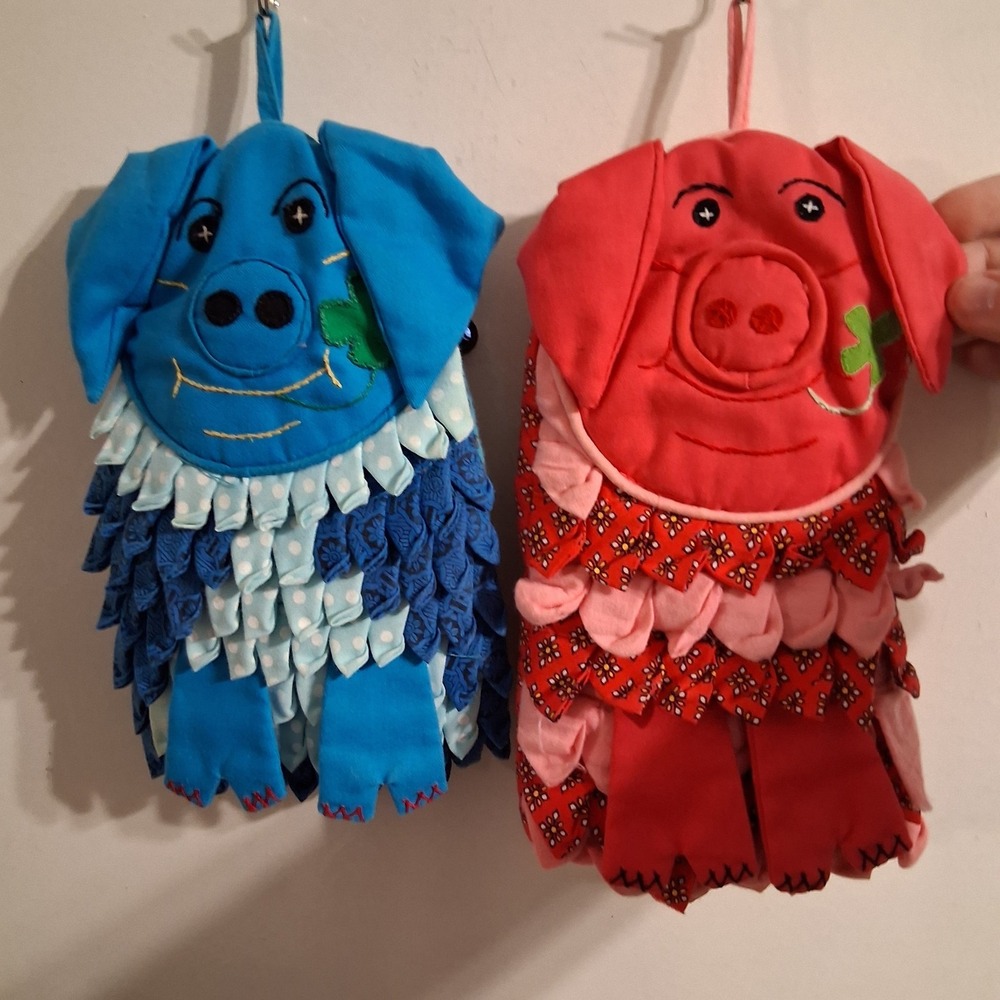 Pig Handmade Kitchen Oven Mitts Set Of 2 Blue Pink Sweet Pretty EUC Homespun